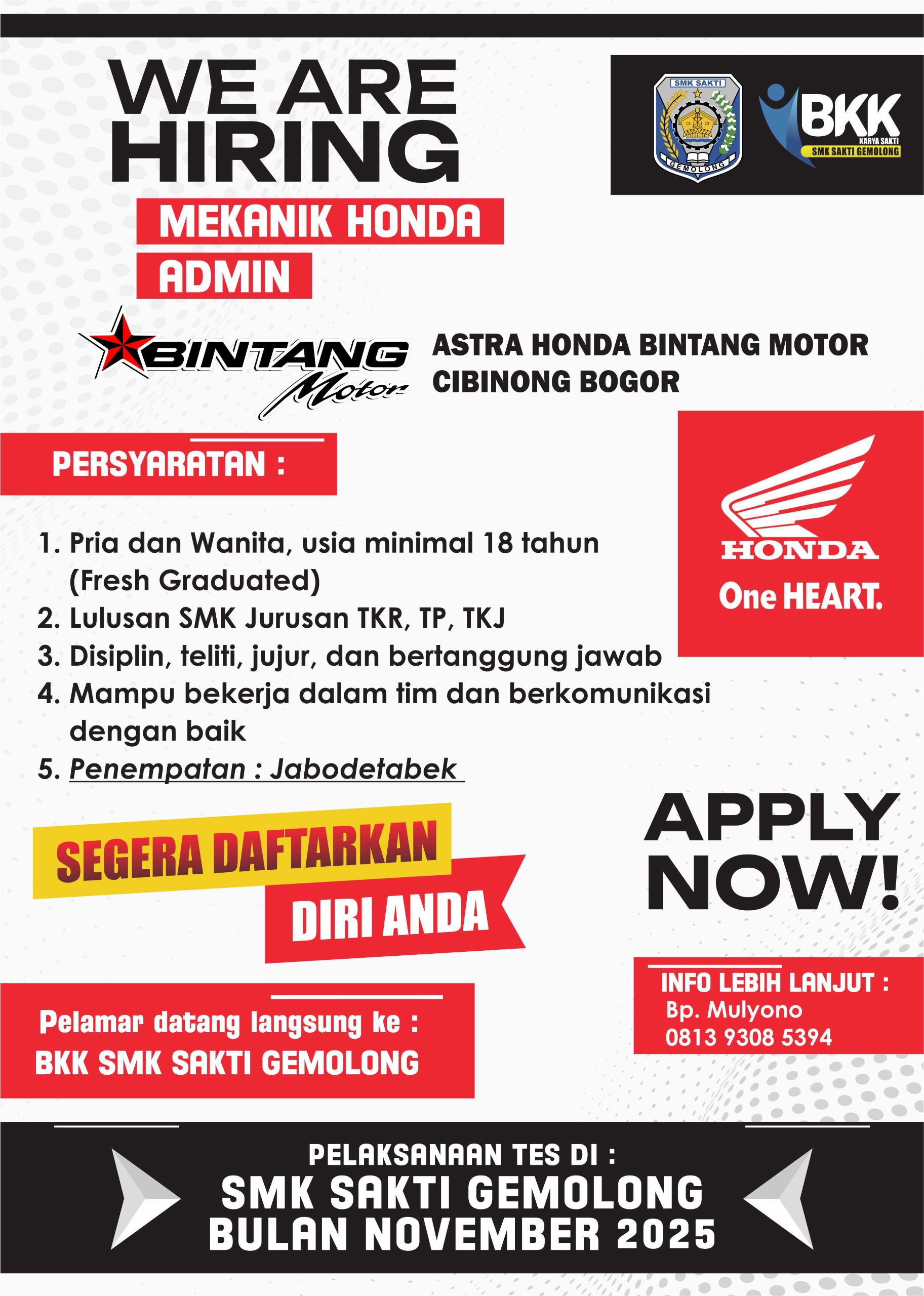 BKK SMK Sakti Gemolong Jembatani Lulusan, Buka Rekrutmen Astra Honda Bintang Motor Cibinong Bogor
