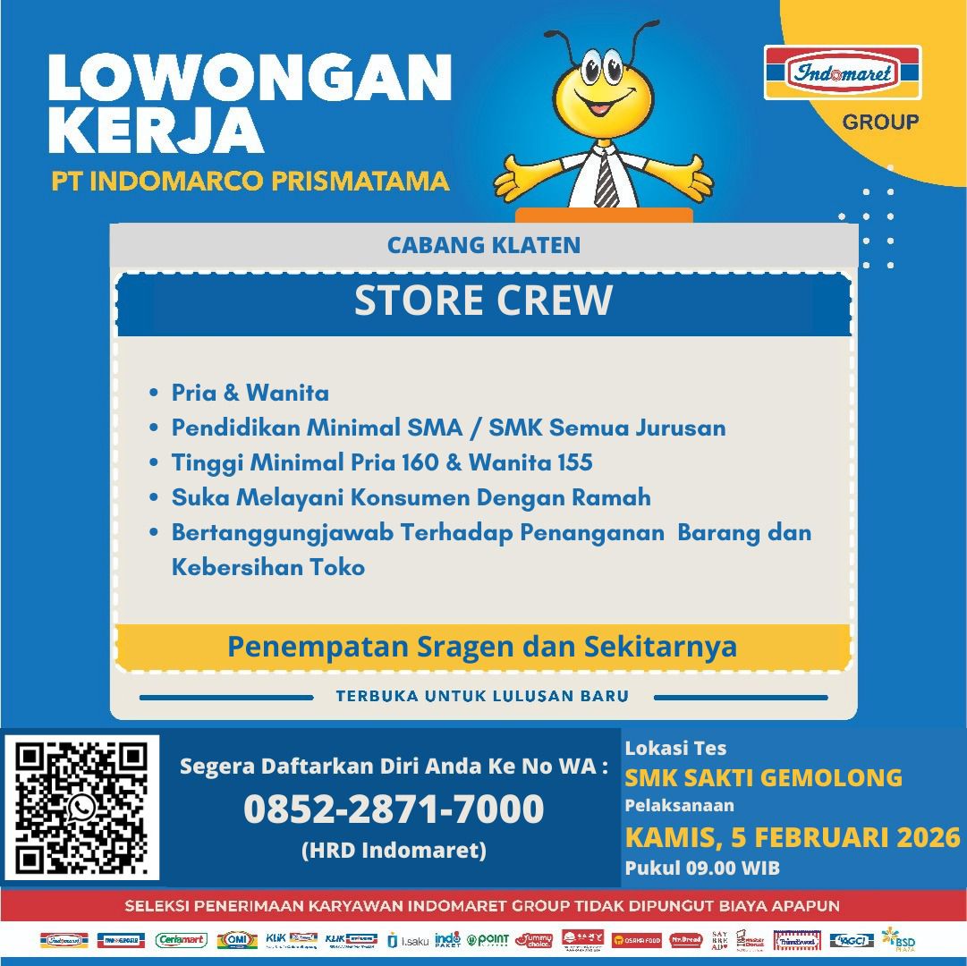 Lowongan Kerja Indomaret Group: Rekrutmen Store Crew Penempatan Sragen dan Sekitarnya