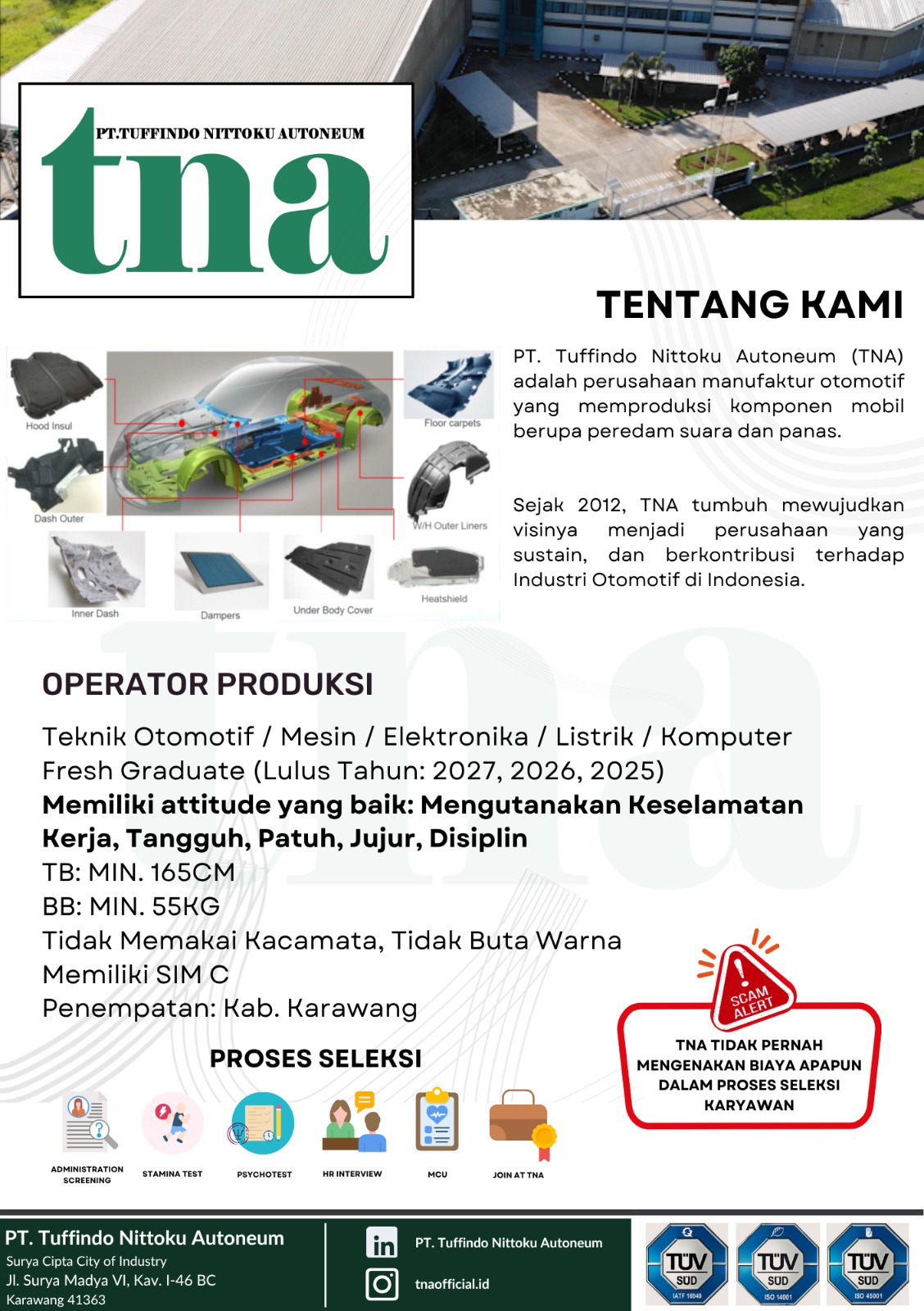 PT Tuffindo Nittoku Autoneum Buka Lowongan Kerja Operator Produksi di Karawang